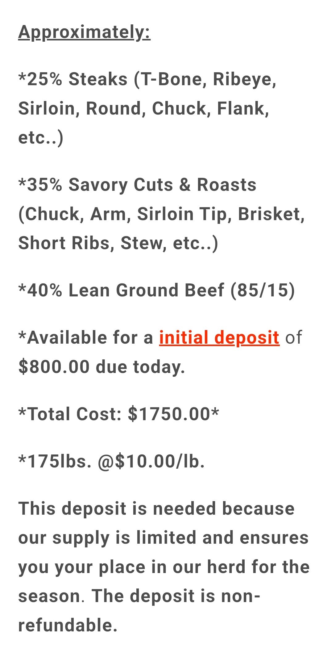 Half Section of Beef Only a Small Deposit - Due Today!