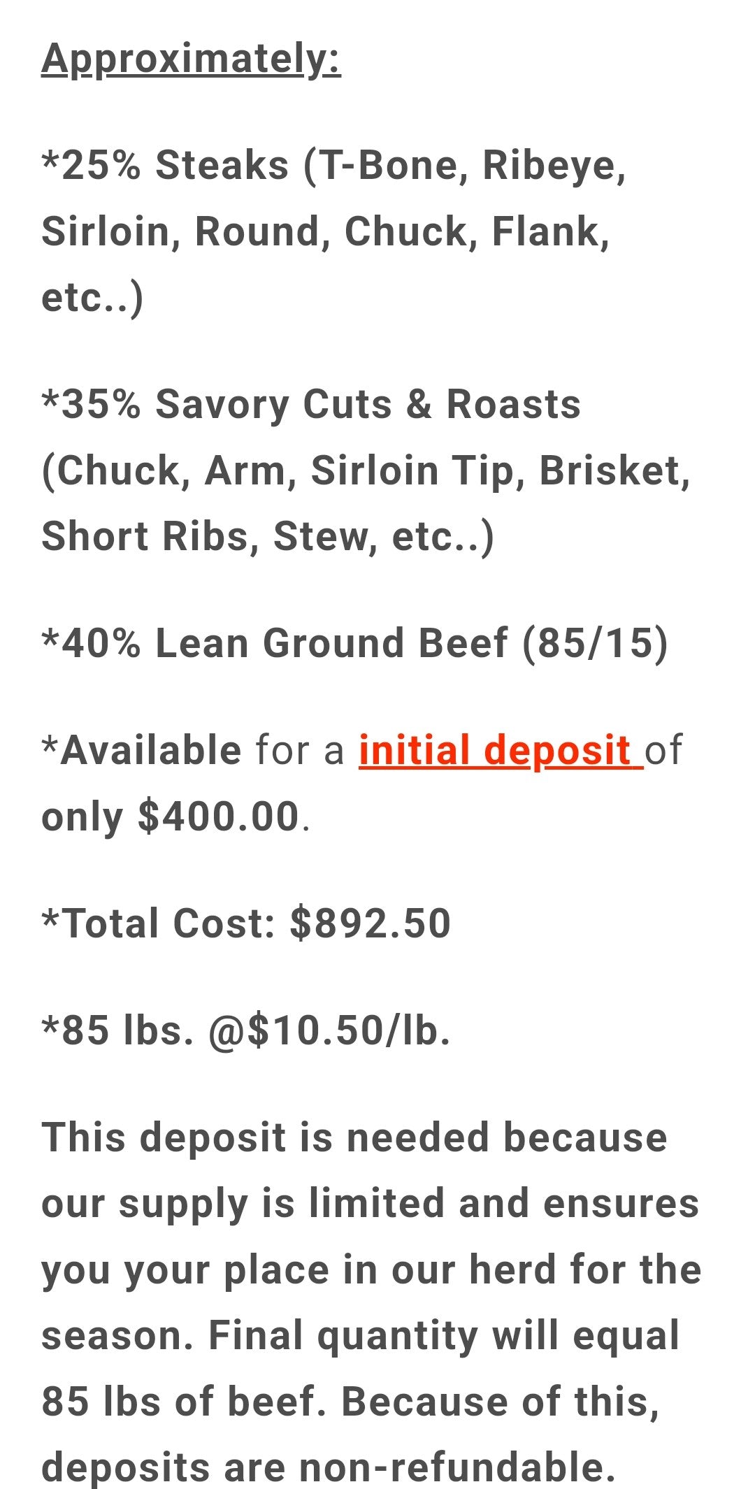 Quarter Section of Beef Only a Small Deposit -Due Today!